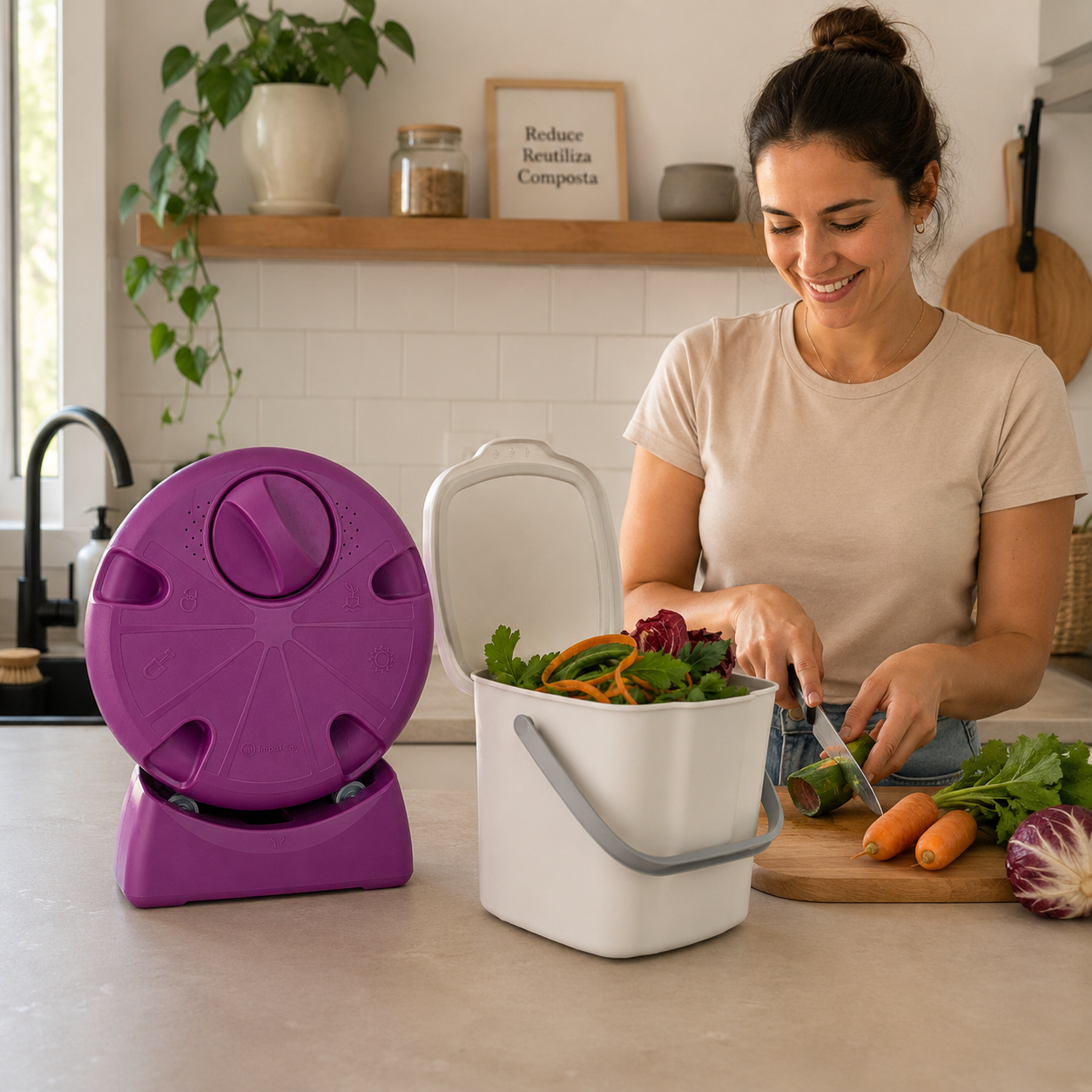Persona preparando vegetales en una cocina moderna junto al kit compostador urbano Impakcity púrpura y cubo separador blanco para residuos orgánicos.