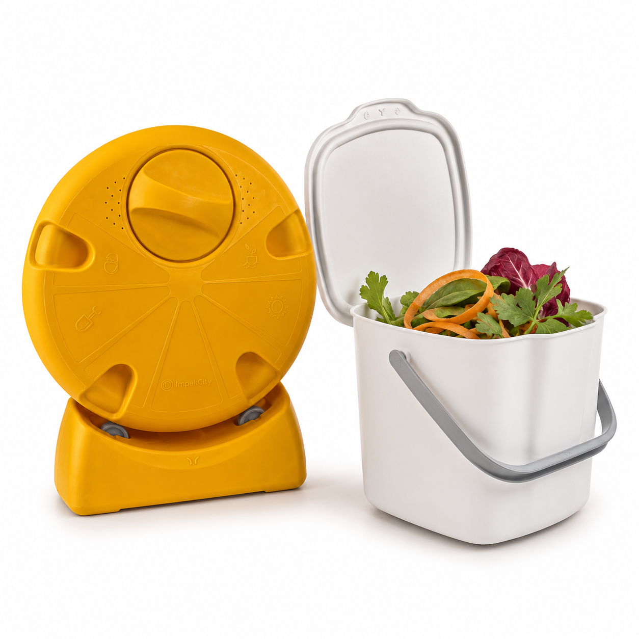 Kit de compostaje urbano amarillo con cubo blanco para separar residuos orgánicos en casa.