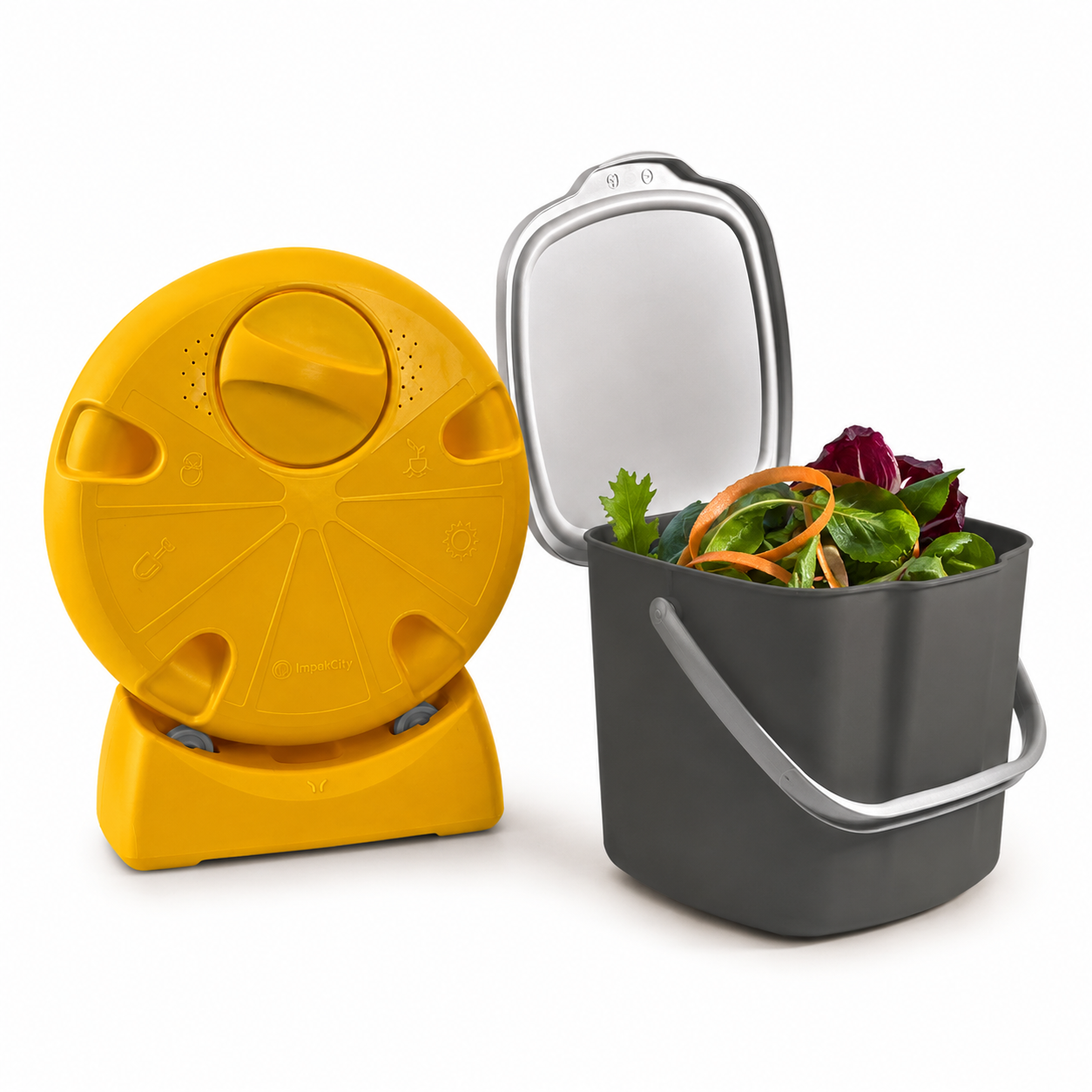 Compostador urbano amarillo Impakcity con cubo separador gris para residuos orgánicos de cocina.