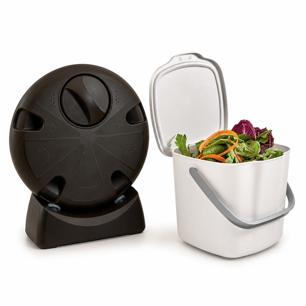 Kit compostador urbano marrón con cubo separador blanco para cocina y compostaje en casa.