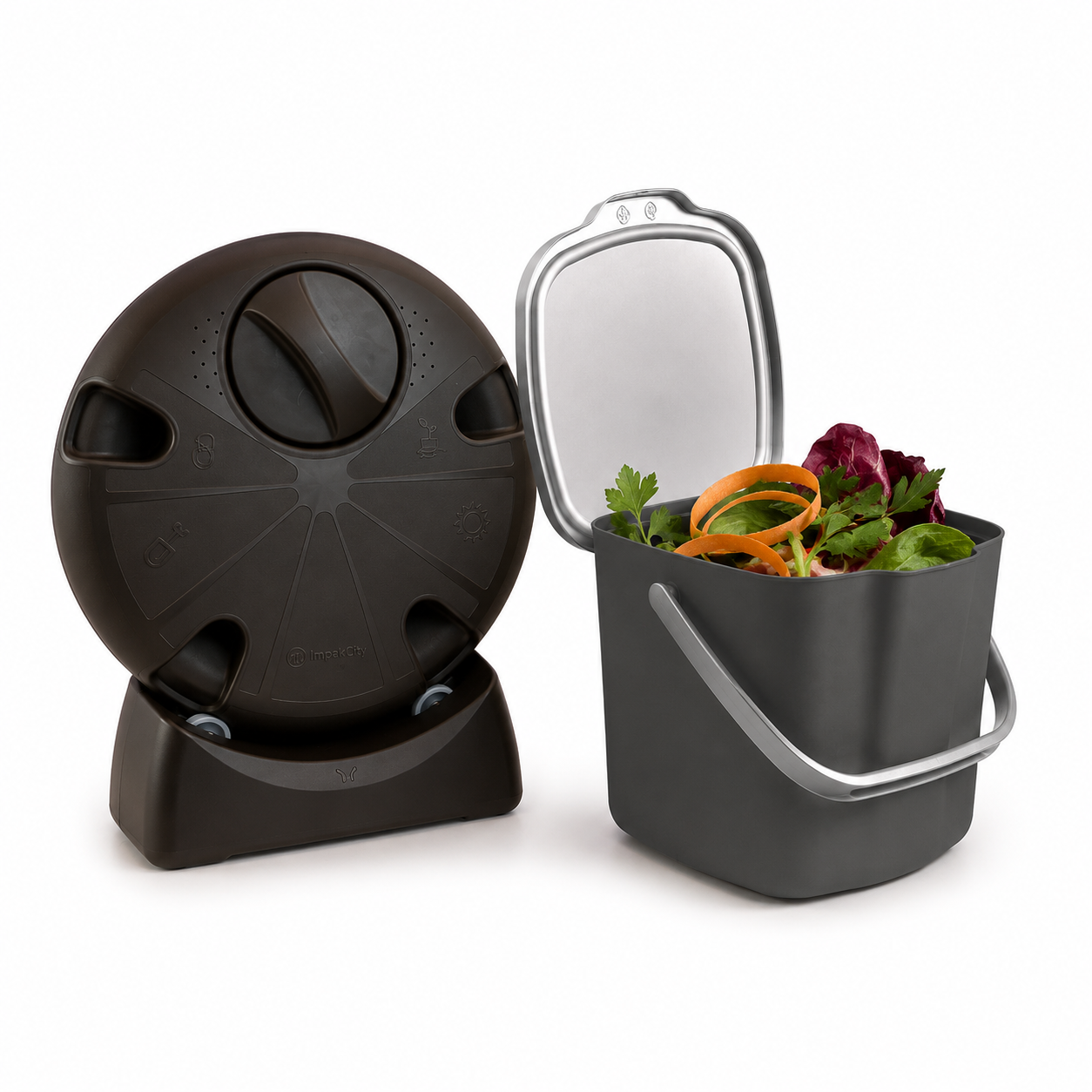 Compostador urbano marrón oscuro Impakcity junto a cubo gris para compostaje doméstico.