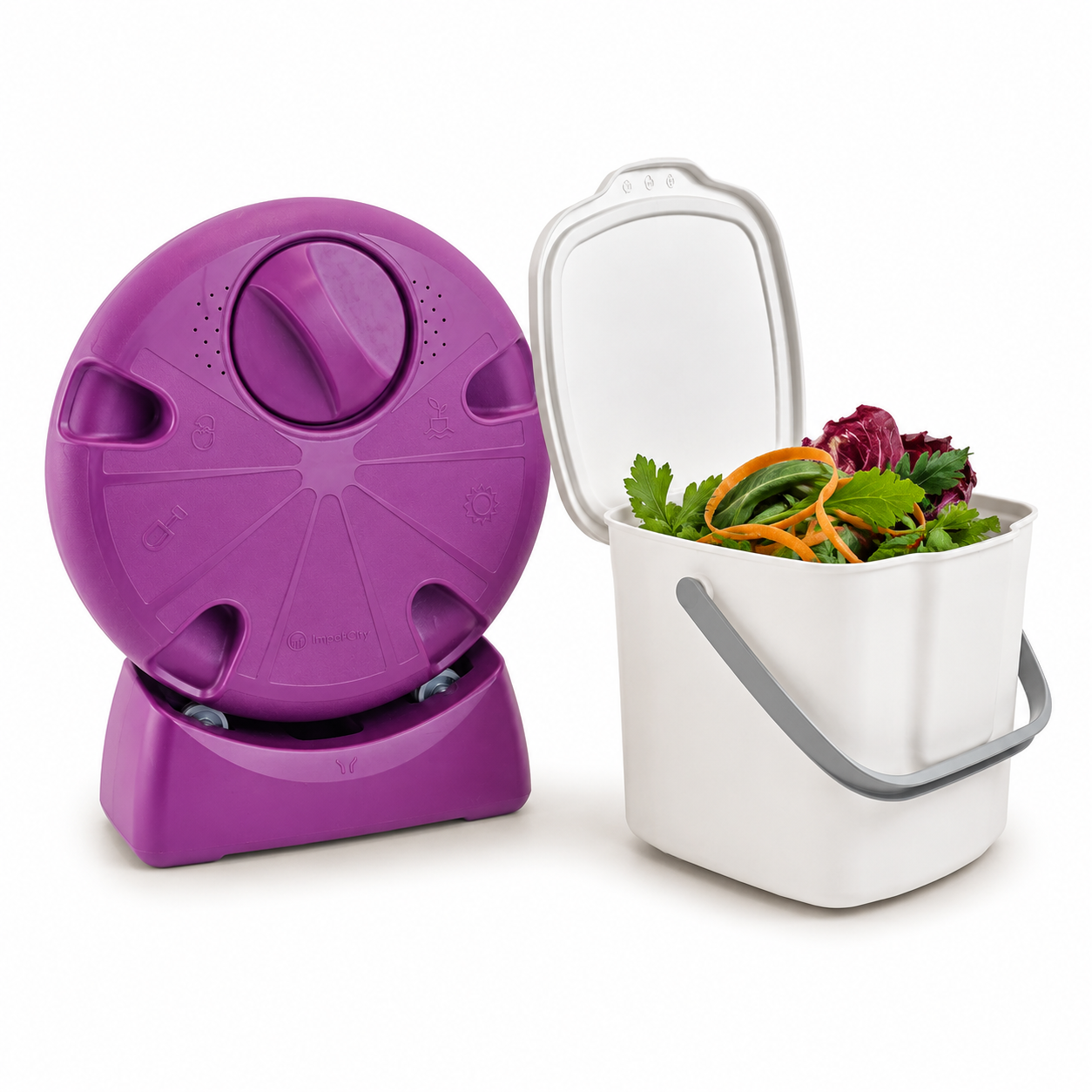 Kit compostador urbano púrpura con cubo separador blanco para compostaje doméstico.