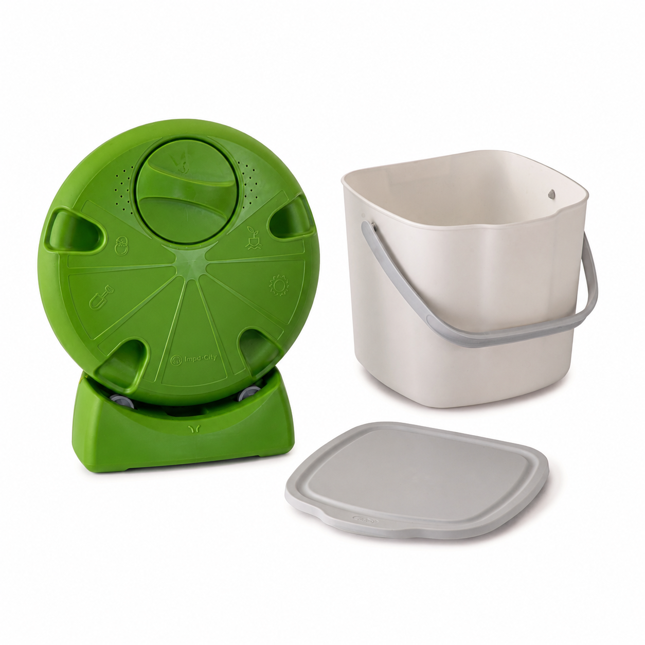 Kit de compostaje urbano Impakcity color verde con cubo separador blanco y tapa para cocina.
